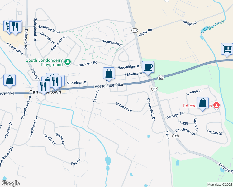 map of restaurants, bars, coffee shops, grocery stores, and more near 341 Chesterfield Drive in Palmyra