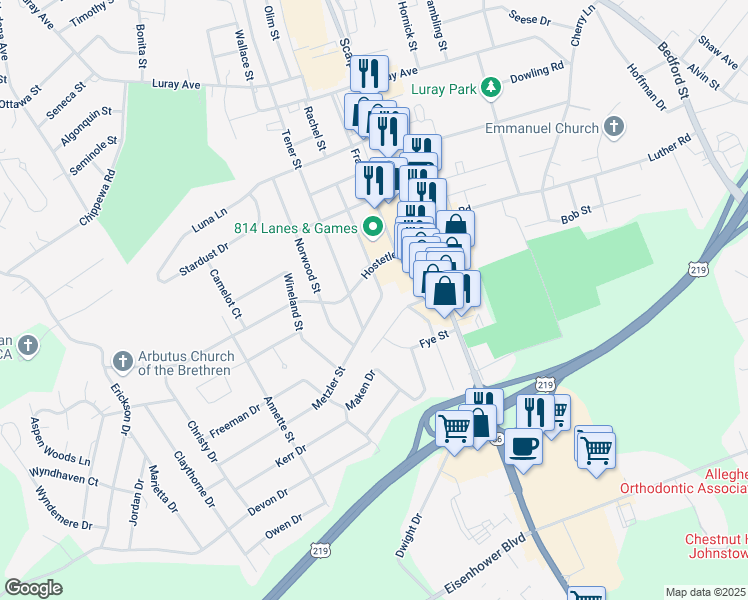 map of restaurants, bars, coffee shops, grocery stores, and more near 120 Metzler Street in Johnstown