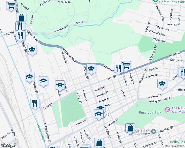 map of restaurants, bars, coffee shops, grocery stores, and more near 1723 Verbeke Street in Harrisburg