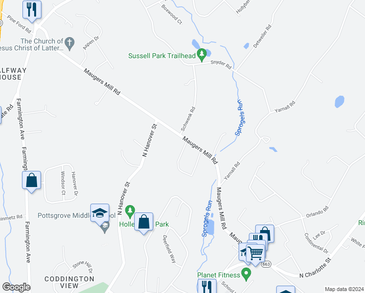 map of restaurants, bars, coffee shops, grocery stores, and more near 216 Maugers Mill Road in Pottstown
