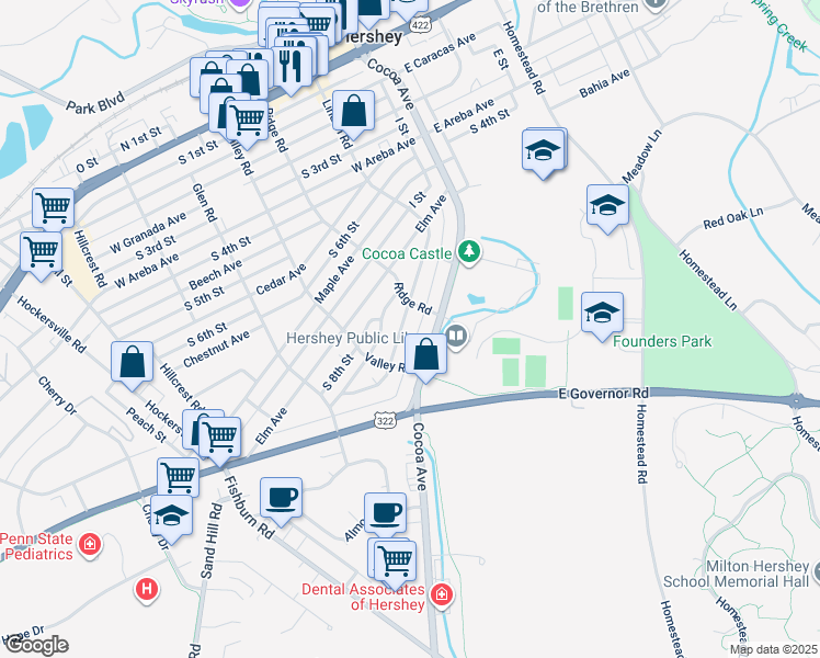 map of restaurants, bars, coffee shops, grocery stores, and more near 725 Linden Road in Hershey
