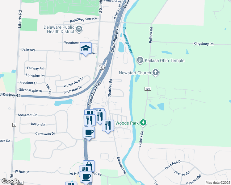 map of restaurants, bars, coffee shops, grocery stores, and more near 1211 Rivercrest Drive South in Delaware