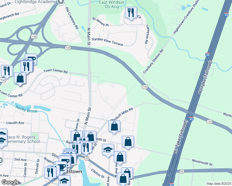 map of restaurants, bars, coffee shops, grocery stores, and more near 146 Wyckoff Mills Road in Hightstown