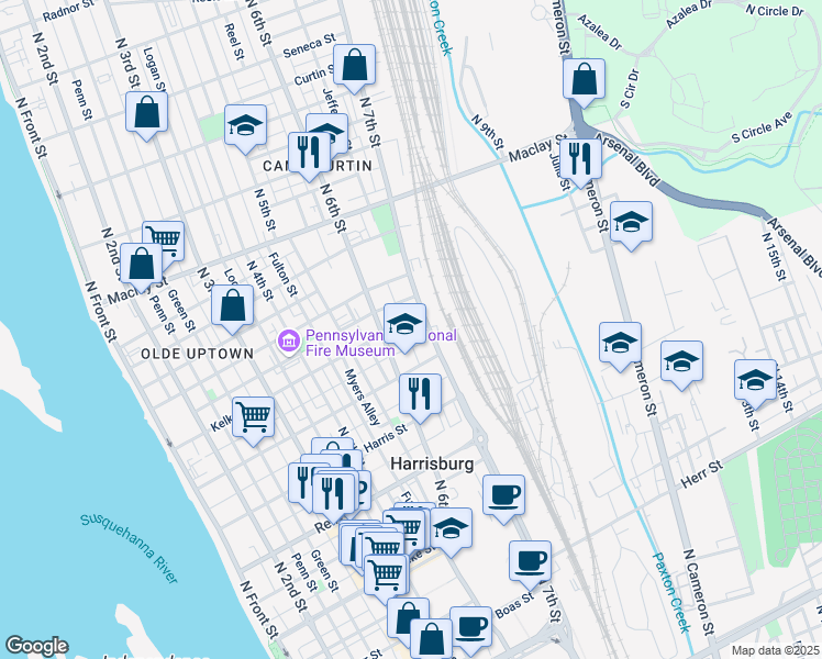map of restaurants, bars, coffee shops, grocery stores, and more near 627 Kelker Street in Harrisburg