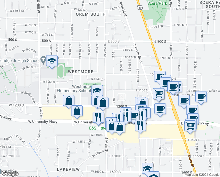 map of restaurants, bars, coffee shops, grocery stores, and more near 37 East 1100 South Street in Orem