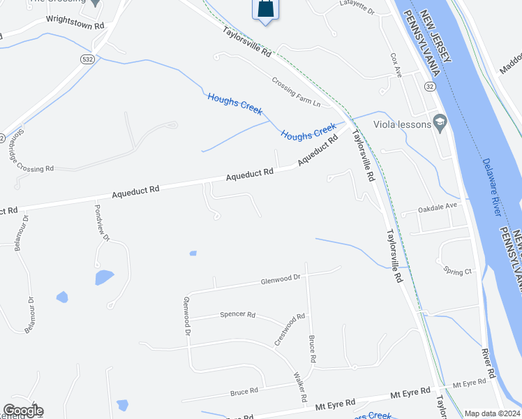 map of restaurants, bars, coffee shops, grocery stores, and more near 198 Aqueduct Road in Washington Crossing