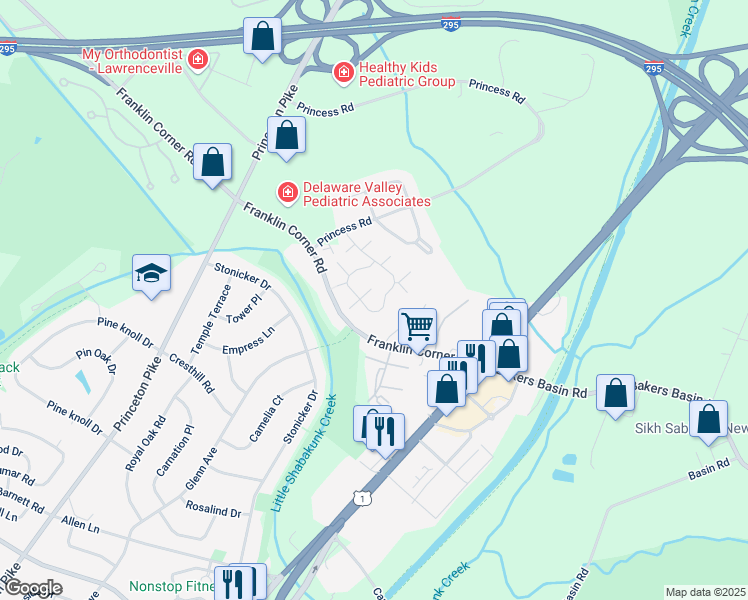 map of restaurants, bars, coffee shops, grocery stores, and more near in Lawrence Township