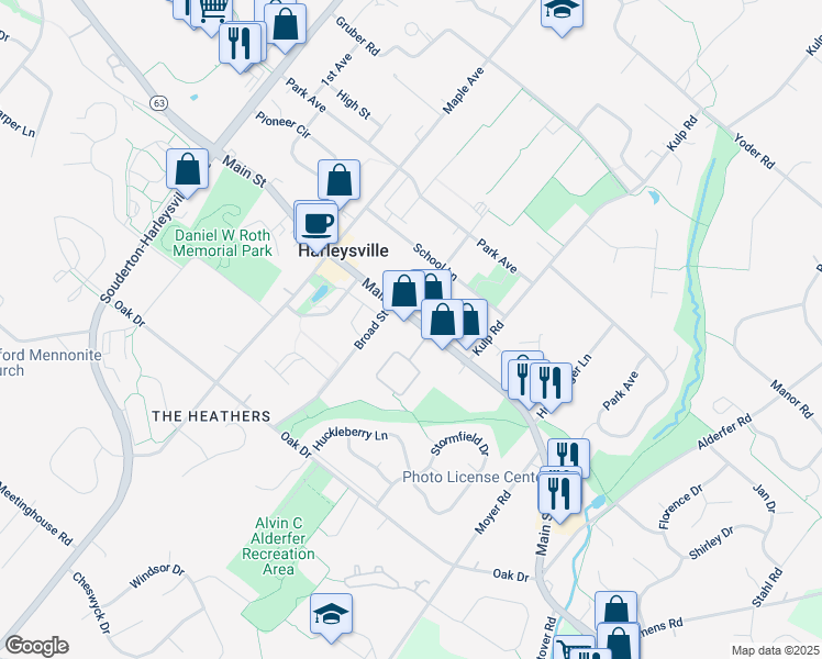 map of restaurants, bars, coffee shops, grocery stores, and more near 422 Main Street in Harleysville