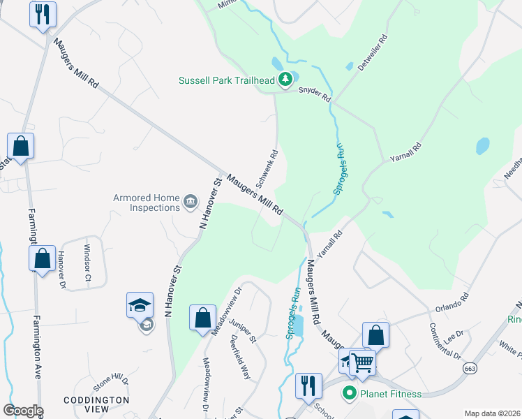 map of restaurants, bars, coffee shops, grocery stores, and more near 216 Maugers Mill Road in Pottstown