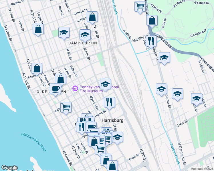 map of restaurants, bars, coffee shops, grocery stores, and more near 627 Kelker Street in Harrisburg