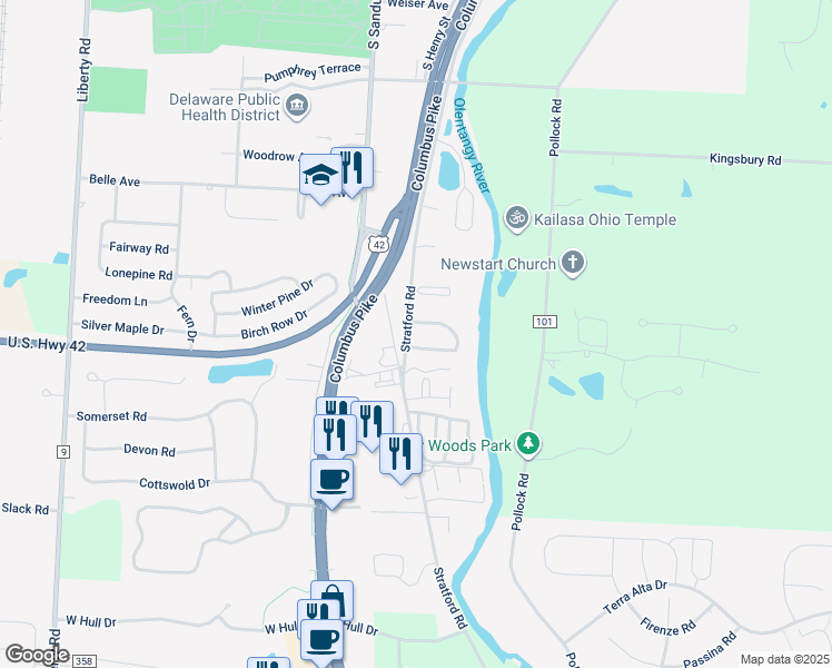 map of restaurants, bars, coffee shops, grocery stores, and more near 1211 Rivercrest Drive South in Delaware