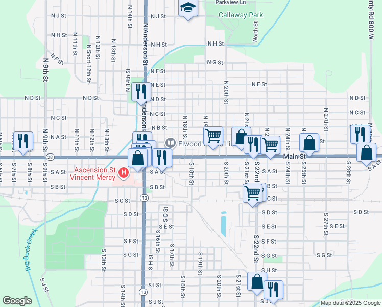 map of restaurants, bars, coffee shops, grocery stores, and more near 1808 South A Street in Elwood
