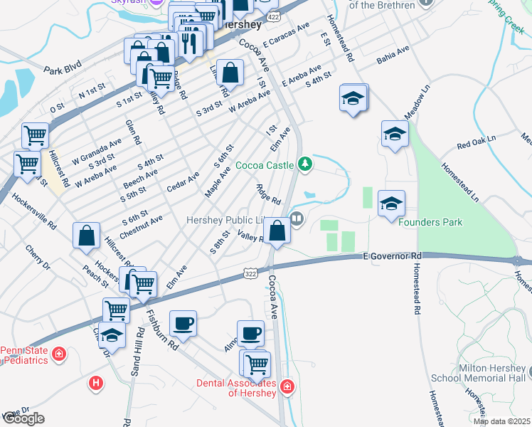 map of restaurants, bars, coffee shops, grocery stores, and more near 725 Linden Road in Hershey