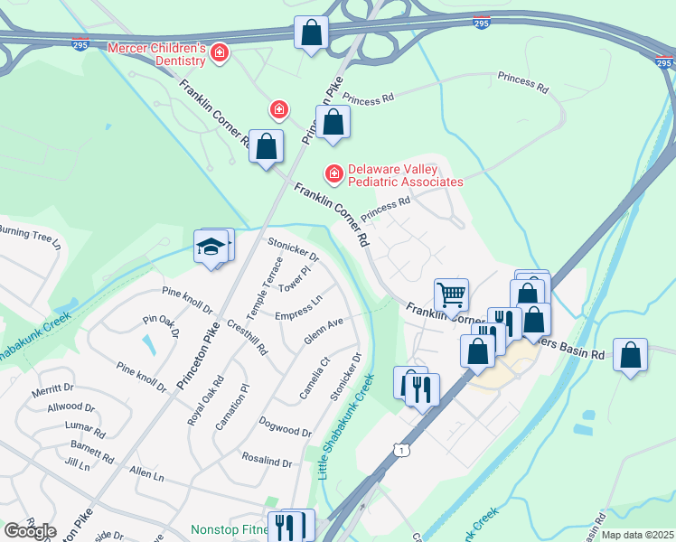 map of restaurants, bars, coffee shops, grocery stores, and more near 18 Empress Lane in Lawrence Township