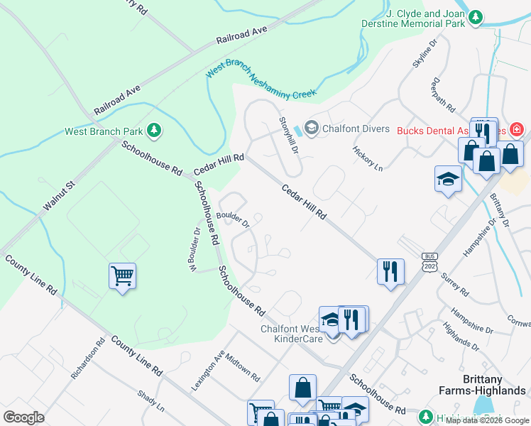 map of restaurants, bars, coffee shops, grocery stores, and more near 502 Windsor Court in Chalfont