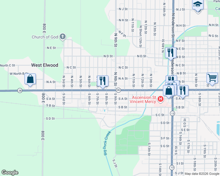 map of restaurants, bars, coffee shops, grocery stores, and more near 811 Main Street in Elwood