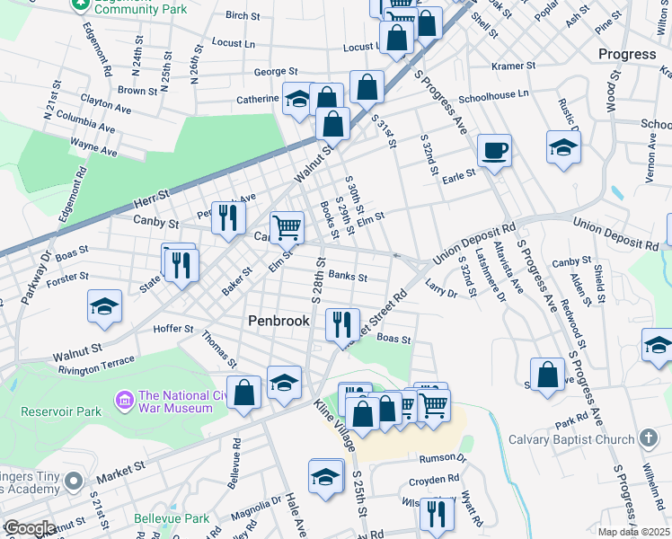map of restaurants, bars, coffee shops, grocery stores, and more near 2832 Banks Street in Harrisburg