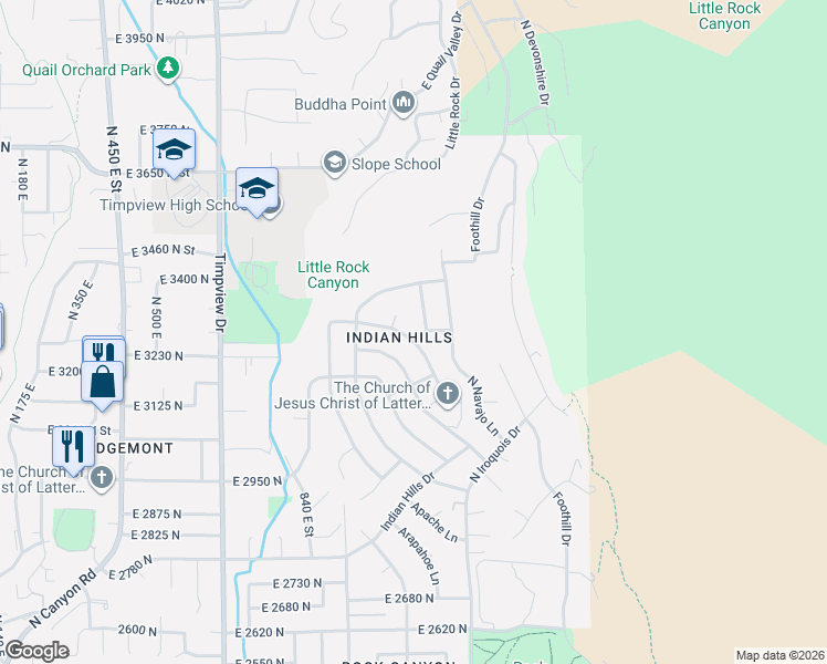map of restaurants, bars, coffee shops, grocery stores, and more near 3250 Mohawk Lane in Provo