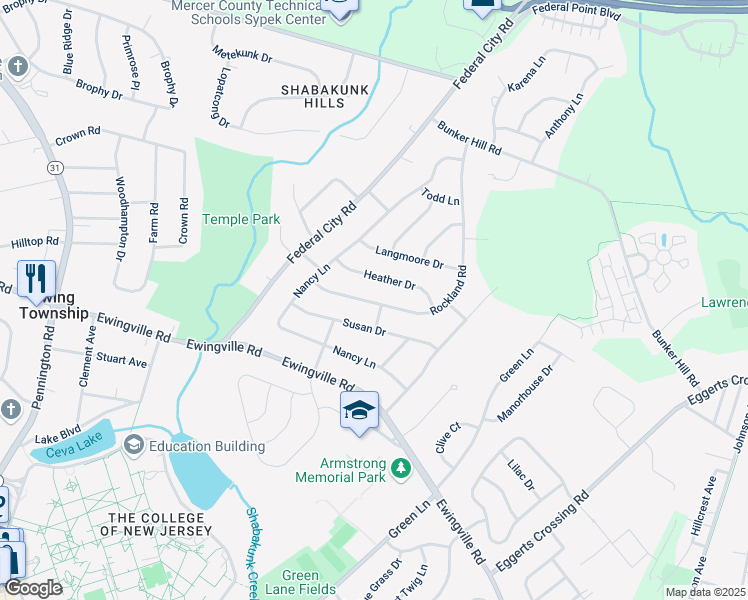map of restaurants, bars, coffee shops, grocery stores, and more near 122 Susan Drive in Ewing Township