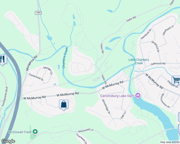 map of restaurants, bars, coffee shops, grocery stores, and more near 201 Hahn Drive in Canonsburg