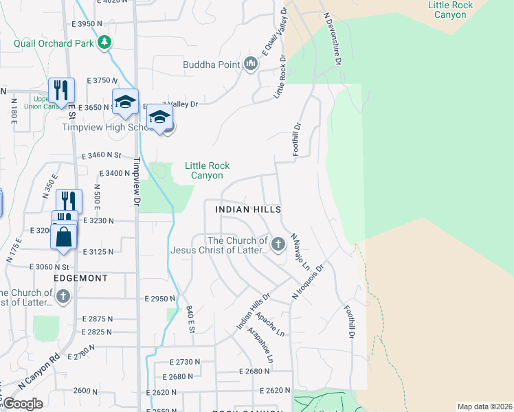 map of restaurants, bars, coffee shops, grocery stores, and more near 3250 Mohawk Lane in Provo
