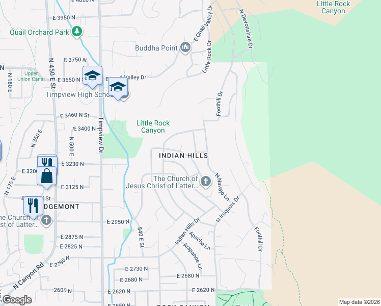 map of restaurants, bars, coffee shops, grocery stores, and more near 3188 North Mojave Lane in Provo