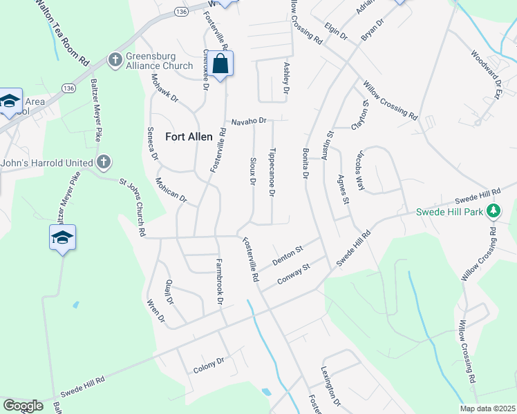 map of restaurants, bars, coffee shops, grocery stores, and more near 148 Sioux Drive in Greensburg