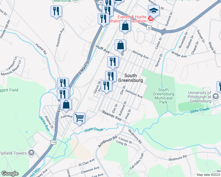 map of restaurants, bars, coffee shops, grocery stores, and more near 309 Coulter Avenue in Greensburg