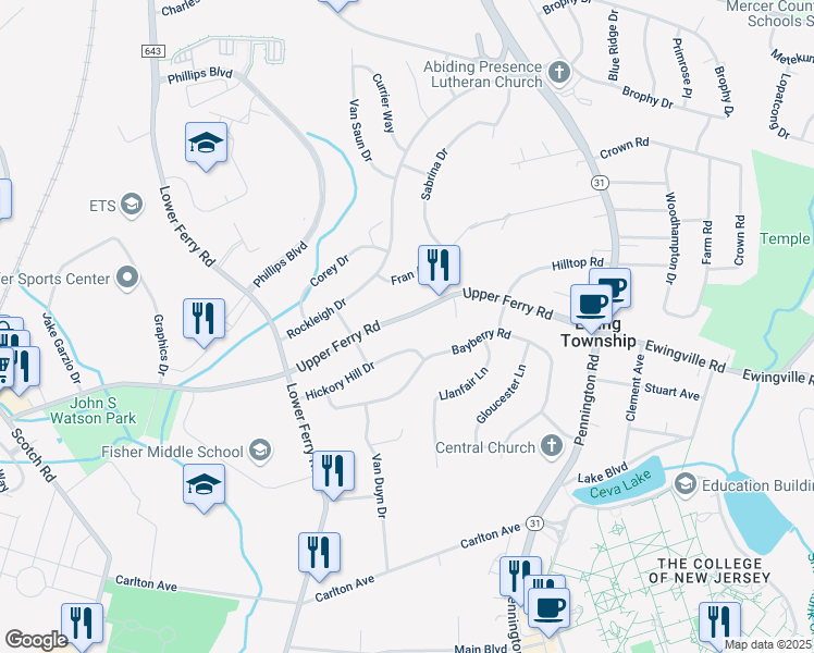 map of restaurants, bars, coffee shops, grocery stores, and more near 89 Upper Ferry Road in Ewing Township