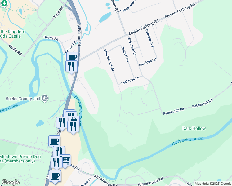 map of restaurants, bars, coffee shops, grocery stores, and more near 90 Willowbrook Drive in Doylestown