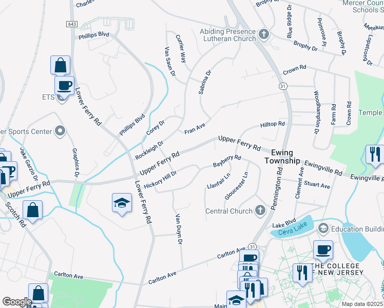 map of restaurants, bars, coffee shops, grocery stores, and more near 89 Upper Ferry Road in Ewing Township