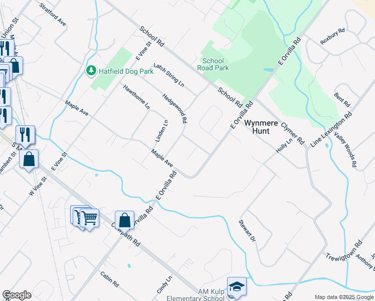 map of restaurants, bars, coffee shops, grocery stores, and more near 2226 Briar Patch Lane in Hatfield