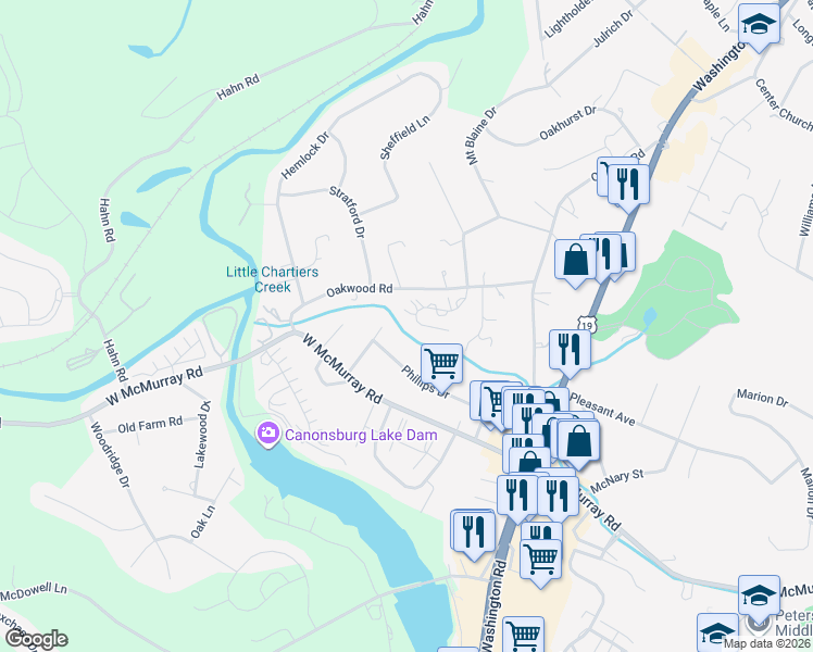 map of restaurants, bars, coffee shops, grocery stores, and more near 87 Alexander Drive in Canonsburg