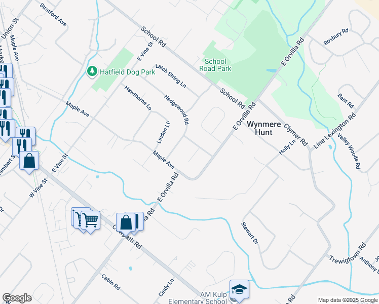 map of restaurants, bars, coffee shops, grocery stores, and more near 2226 Briar Patch Lane in Hatfield