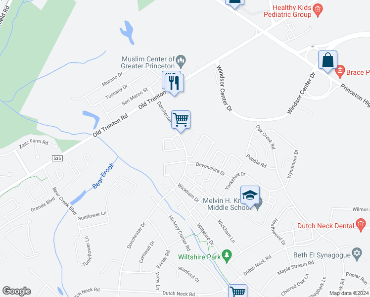 map of restaurants, bars, coffee shops, grocery stores, and more near 5 Princeton Arms N I in East Windsor