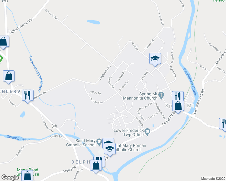 map of restaurants, bars, coffee shops, grocery stores, and more near 110 Grimley Road in Schwenksville