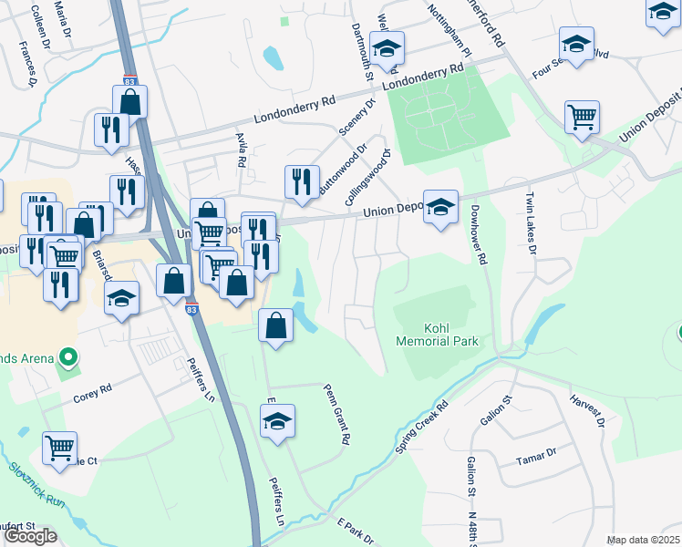map of restaurants, bars, coffee shops, grocery stores, and more near 1081 Acri Drive in Harrisburg