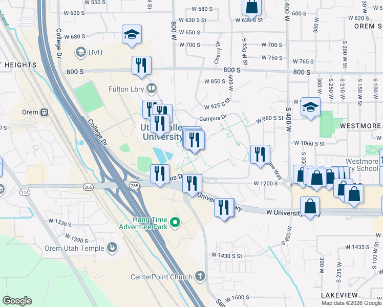 map of restaurants, bars, coffee shops, grocery stores, and more near 800 West University Parkway in Orem