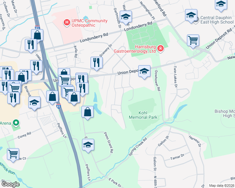 map of restaurants, bars, coffee shops, grocery stores, and more near 1087 Acri Drive in Harrisburg