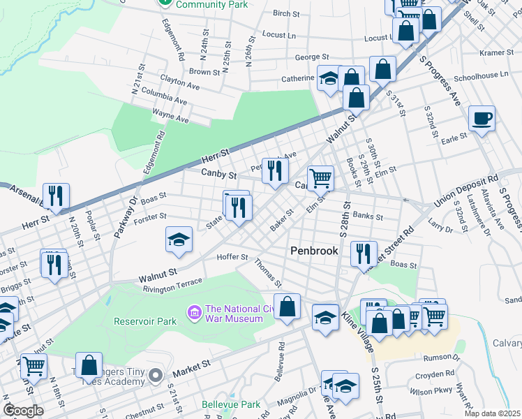 map of restaurants, bars, coffee shops, grocery stores, and more near 2516 Walnut Street in Harrisburg