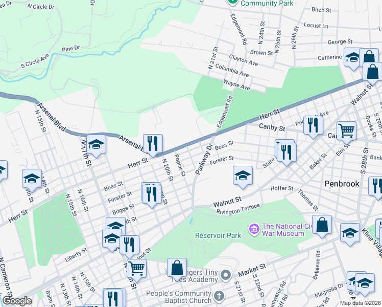 map of restaurants, bars, coffee shops, grocery stores, and more near 2125 Herr Street in Harrisburg