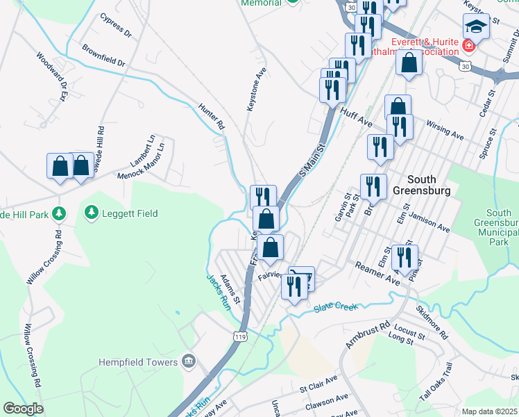 map of restaurants, bars, coffee shops, grocery stores, and more near 301 Donohoe Road in Greensburg
