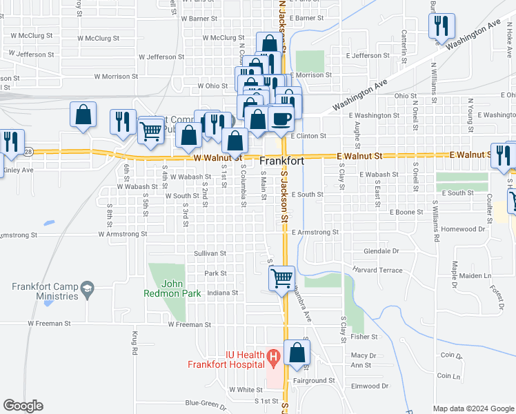 map of restaurants, bars, coffee shops, grocery stores, and more near 52 West South Street in Frankfort