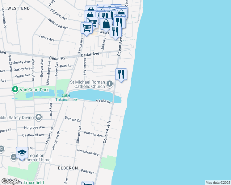 map of restaurants, bars, coffee shops, grocery stores, and more near 801 Ocean Avenue in Long Branch