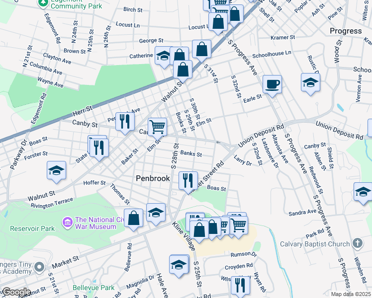 map of restaurants, bars, coffee shops, grocery stores, and more near 2832 Banks Street in Harrisburg