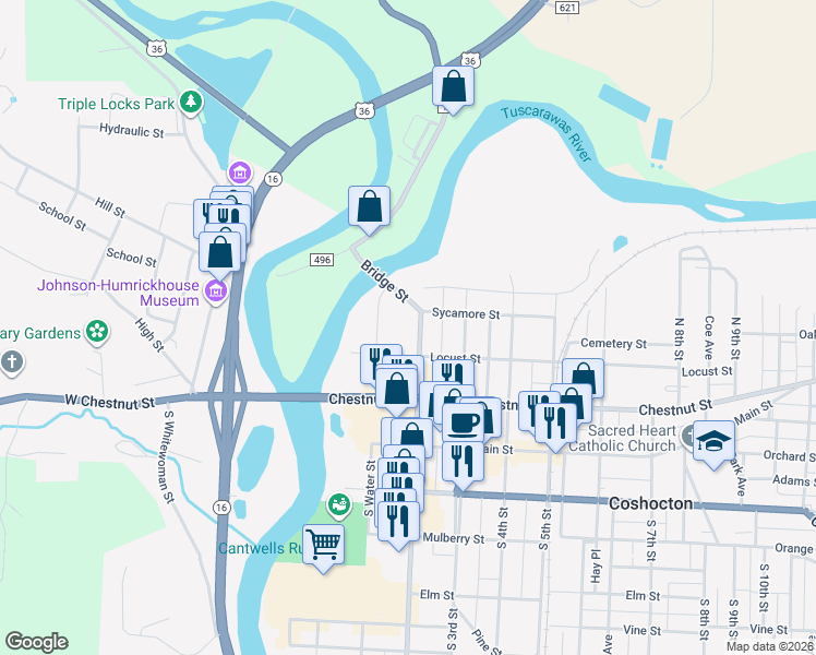 map of restaurants, bars, coffee shops, grocery stores, and more near 404 North 2nd Street in Coshocton