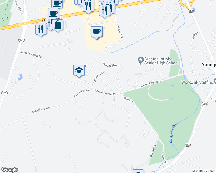 map of restaurants, bars, coffee shops, grocery stores, and more near 119 Alpen Strasse Drive in Latrobe