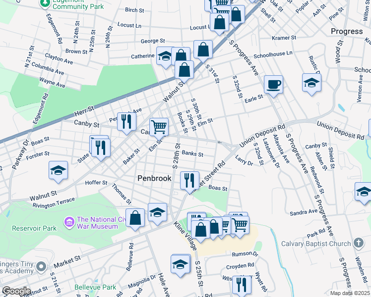 map of restaurants, bars, coffee shops, grocery stores, and more near 2830 Banks Street in Harrisburg