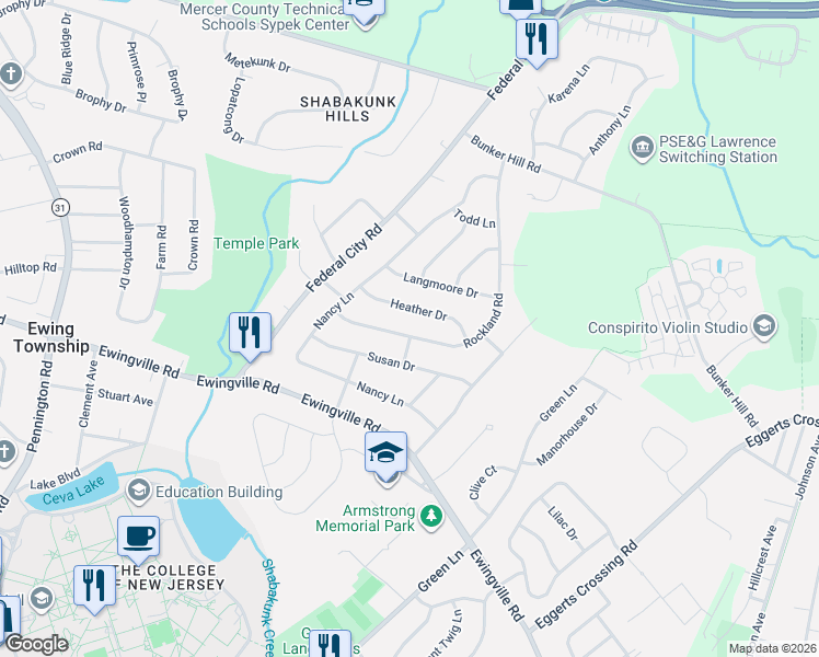 map of restaurants, bars, coffee shops, grocery stores, and more near 16 Heather Drive in Ewing Township