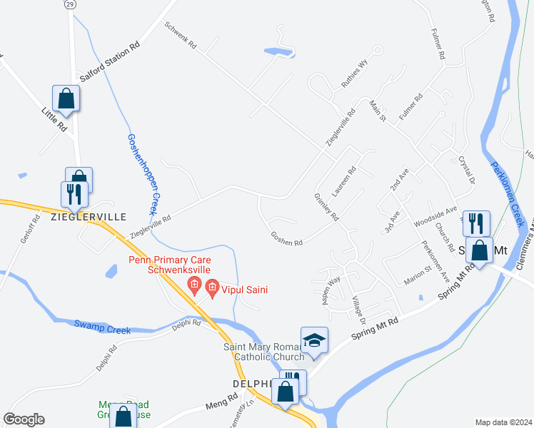 map of restaurants, bars, coffee shops, grocery stores, and more near 108 Goshen Road in Schwenksville
